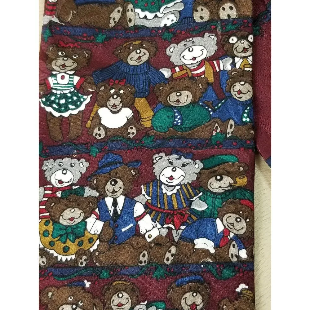 Ho Ho Ho Men Tie Christmas Teddy Bear Burgundy Silk Holidays Vintage Collectible